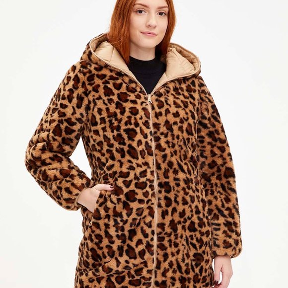 NWT  REVERSIBLE Jessica Simpson | Champagne & Leopard Hooded Puffer Coat - L - Picture 2 of 3